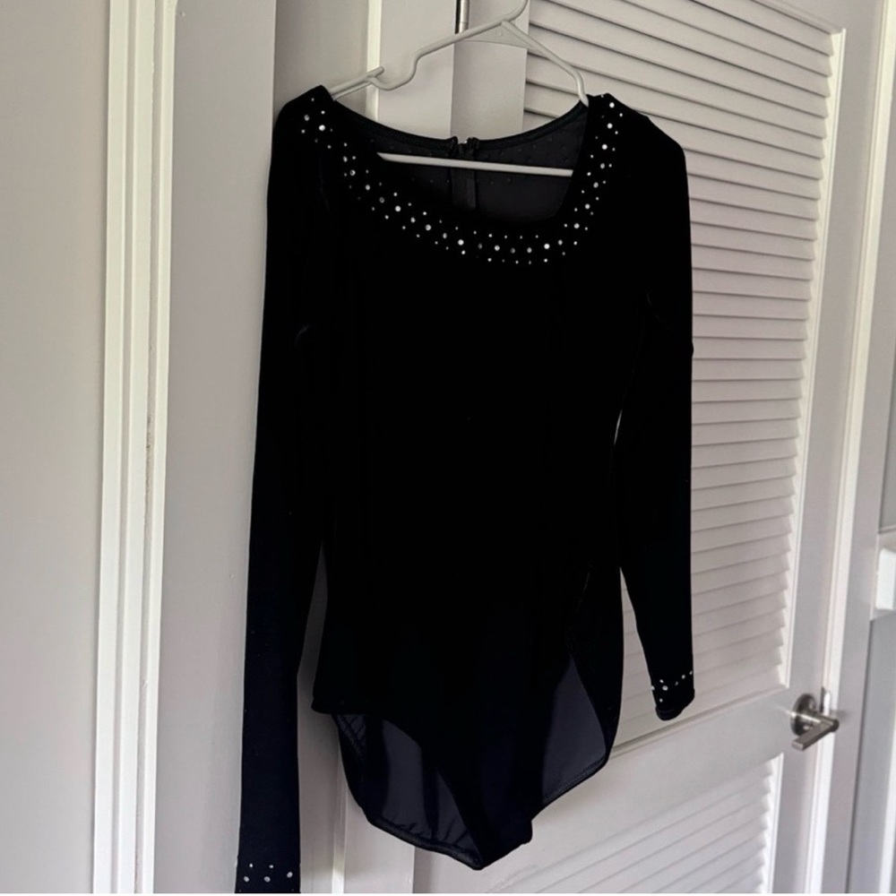 Black Velvet Rhinestone Figure Skating Leotard — Adult M/L